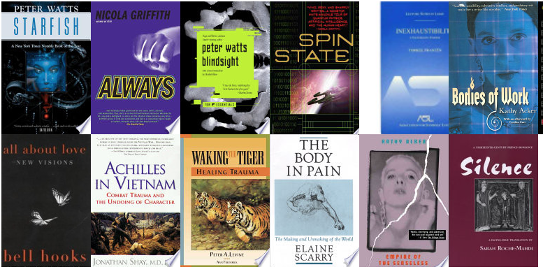 Covers of twelve books, including Starfish, Blindsight, All About Love, Achilles in Vietnam, and The Body in Pain