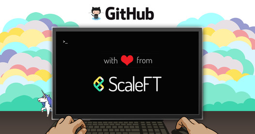Illustration of hands at a keyboard and a monitor reading "with love from ScaleFT", under the GitHub logo, with pastel clouds and a unicorn